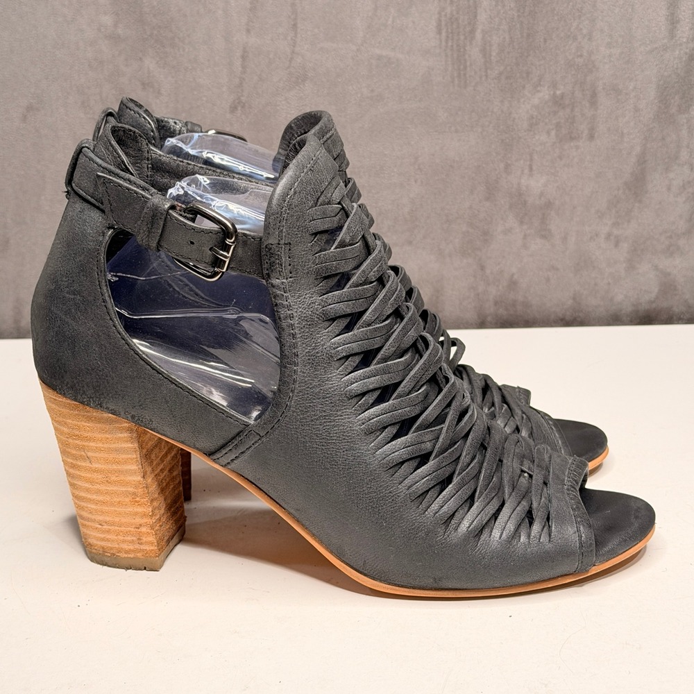 Charles David Bootie Sandals Womens Sz 10 Black Woven Block Heel Peep Toe Boho